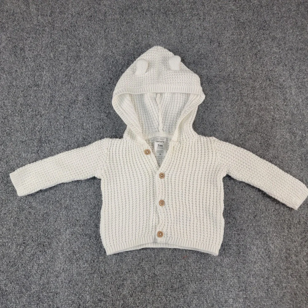 Carters Baby White Chunky Knit Hooded‎ Cardigan Sweater w/ Bear Ears 3M